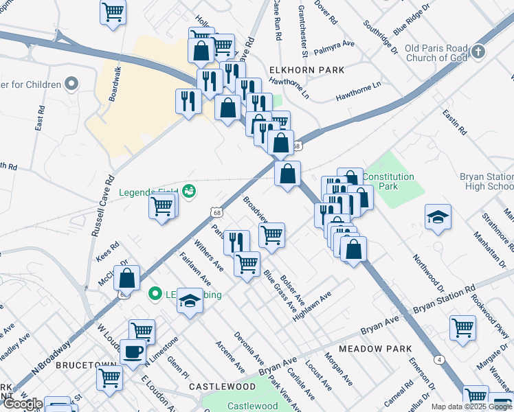 map of restaurants, bars, coffee shops, grocery stores, and more near 241 Broadview Drive in Lexington