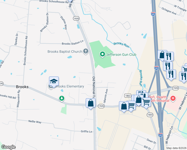 map of restaurants, bars, coffee shops, grocery stores, and more near 3463 Coral Ridge Road in Brooks