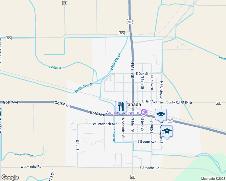 map of restaurants, bars, coffee shops, grocery stores, and more near 300 West Cottonwood Street in Granada