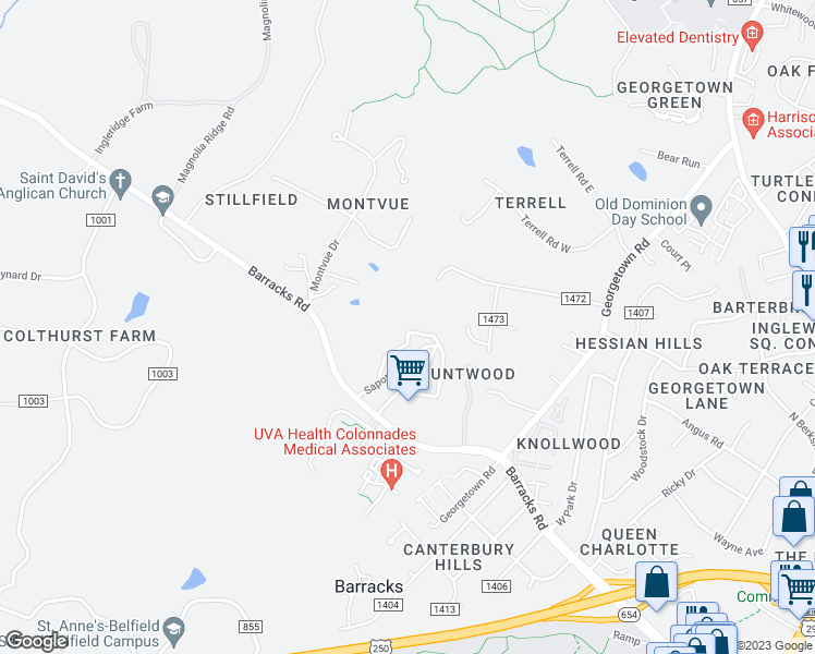 map of restaurants, bars, coffee shops, grocery stores, and more near 455 Burgoyne Road in Charlottesville