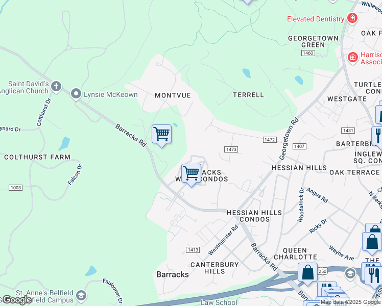 map of restaurants, bars, coffee shops, grocery stores, and more near 455 Burgoyne Road in Charlottesville
