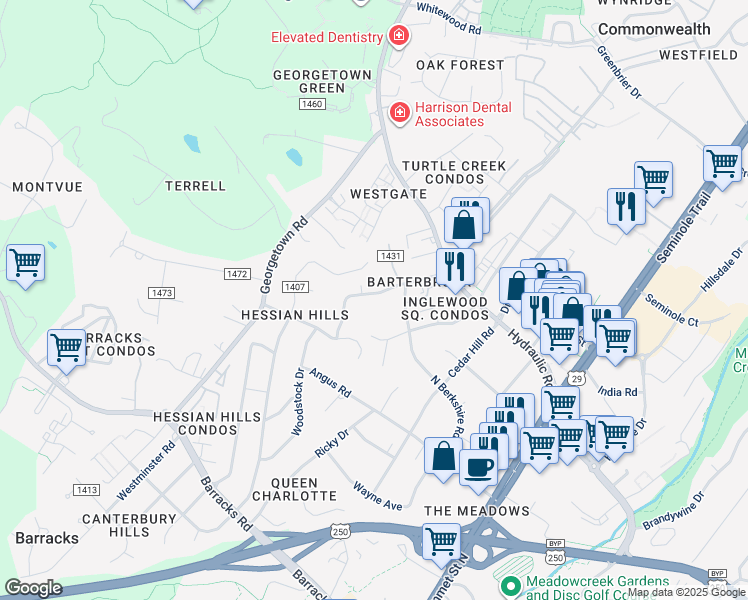 map of restaurants, bars, coffee shops, grocery stores, and more near 1715 Solomon Road in Charlottesville