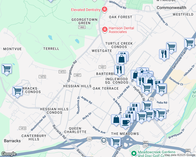 map of restaurants, bars, coffee shops, grocery stores, and more near 1715 Solomon Road in Charlottesville