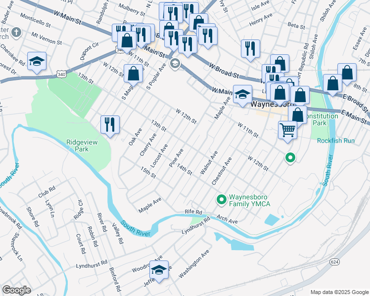 map of restaurants, bars, coffee shops, grocery stores, and more near 512 Pine Avenue in Waynesboro