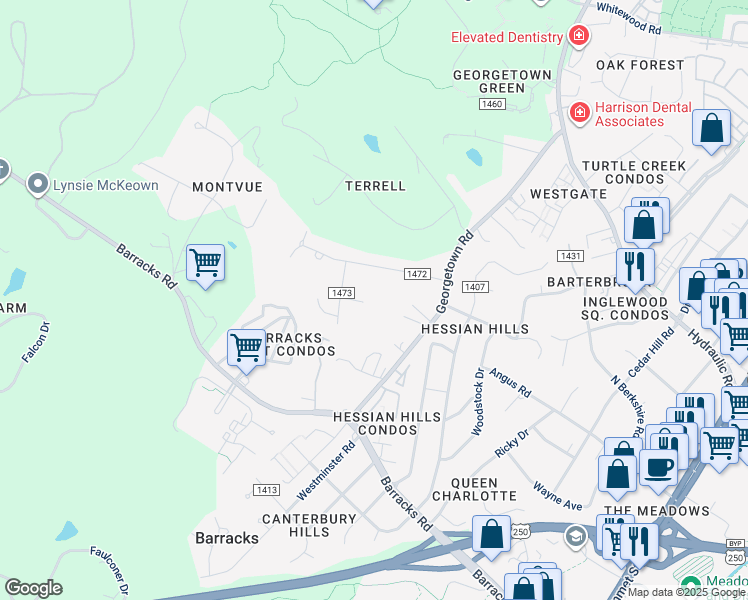 map of restaurants, bars, coffee shops, grocery stores, and more near 107 Whetstone Place in Charlottesville