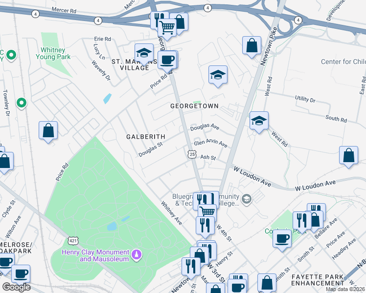 map of restaurants, bars, coffee shops, grocery stores, and more near 322 Glen Arvin Avenue in Lexington