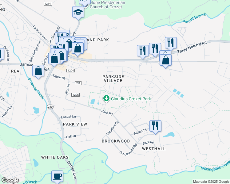 map of restaurants, bars, coffee shops, grocery stores, and more near 410 Cranberry Lane in Crozet