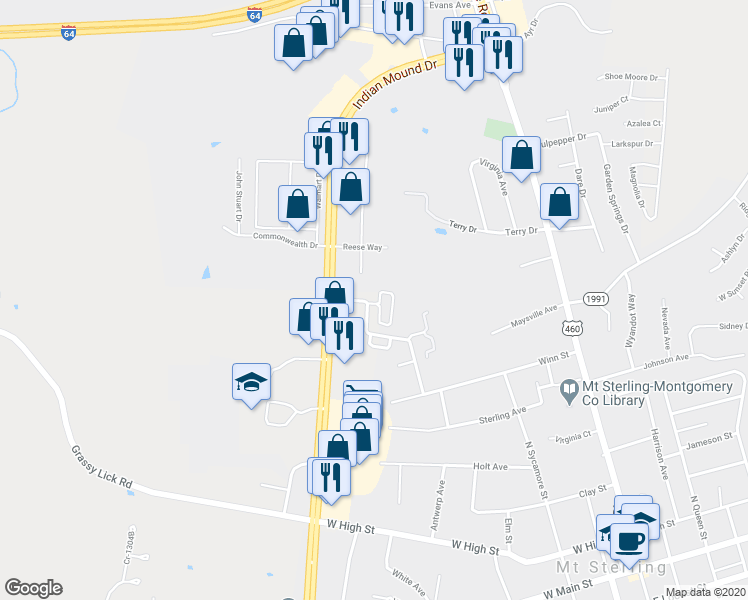 map of restaurants, bars, coffee shops, grocery stores, and more near 739 Lorene Circle in Mount Sterling