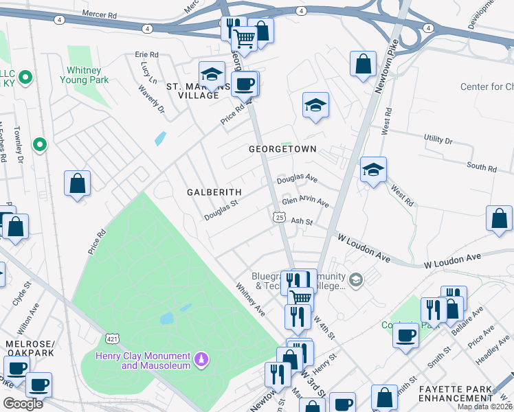 map of restaurants, bars, coffee shops, grocery stores, and more near 449 Glen Arvin Avenue in Lexington