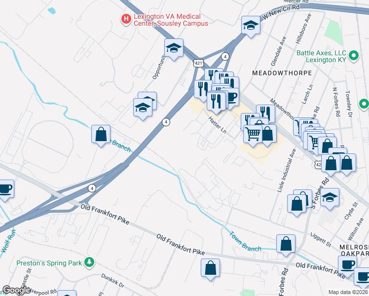 map of restaurants, bars, coffee shops, grocery stores, and more near 1900 Leestown Road in Lexington