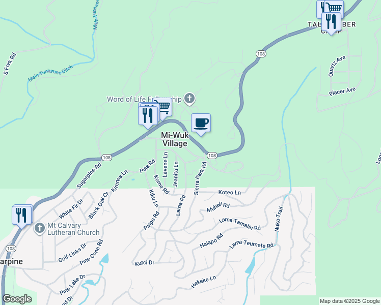 map of restaurants, bars, coffee shops, grocery stores, and more near 20665 Chief Fuller Road in Mi-Wuk Village