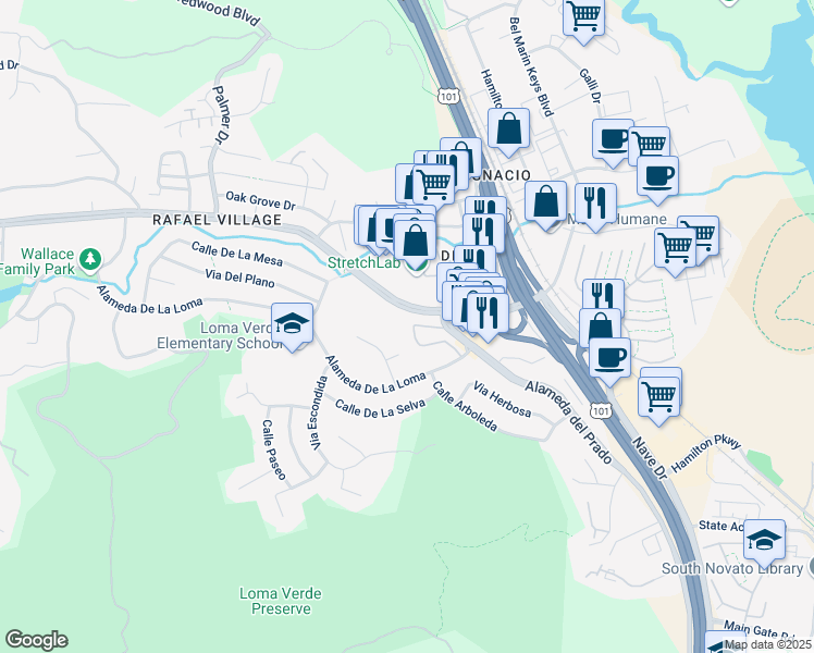 map of restaurants, bars, coffee shops, grocery stores, and more near 431 Ignacio Boulevard in Novato