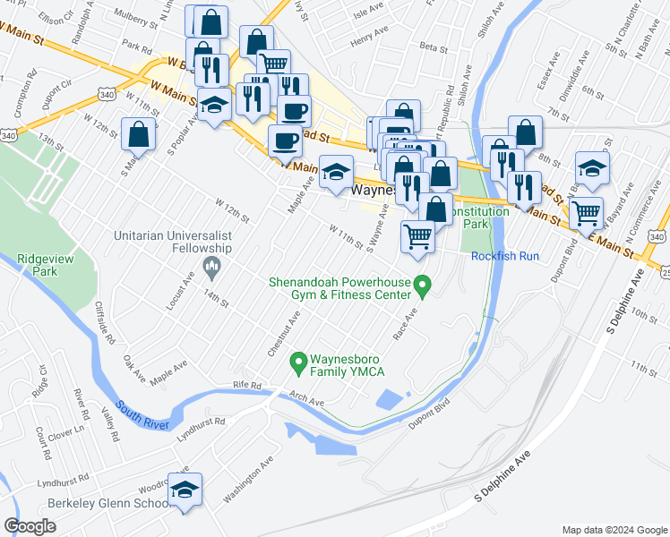 map of restaurants, bars, coffee shops, grocery stores, and more near 368 Chestnut Avenue in Waynesboro