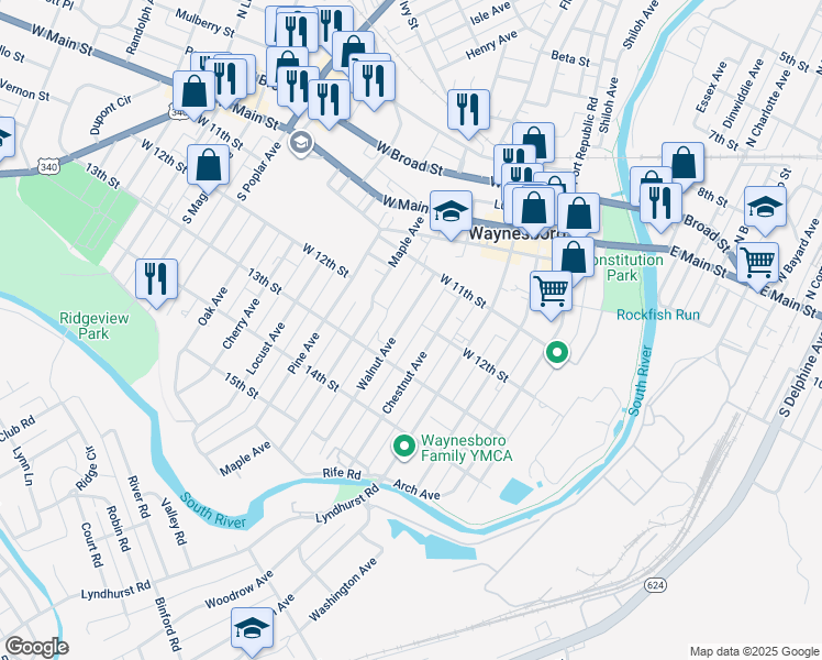 map of restaurants, bars, coffee shops, grocery stores, and more near 416 Walnut Avenue in Waynesboro