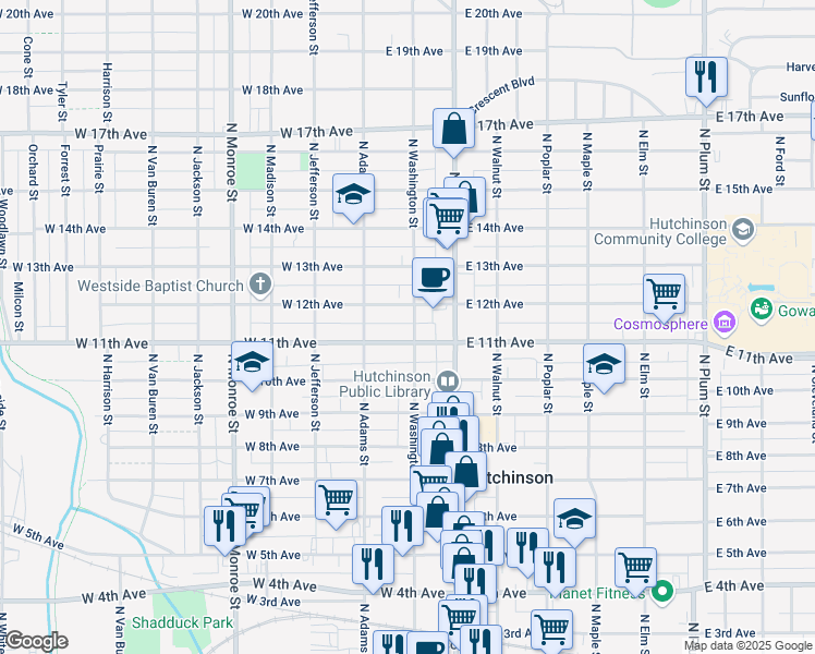 map of restaurants, bars, coffee shops, grocery stores, and more near 1107 North Washington Street in Hutchinson
