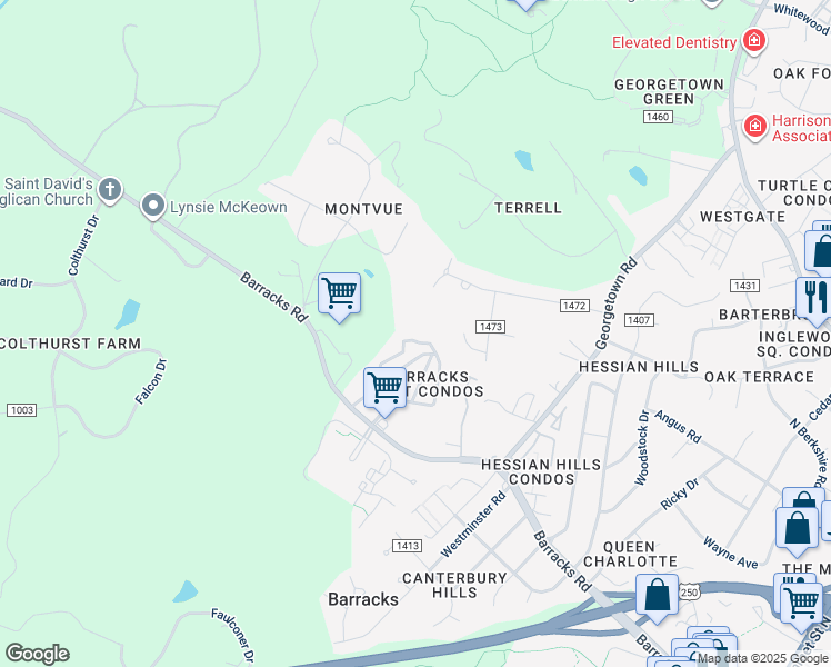 map of restaurants, bars, coffee shops, grocery stores, and more near 2653 Barracks Road in Charlottesville