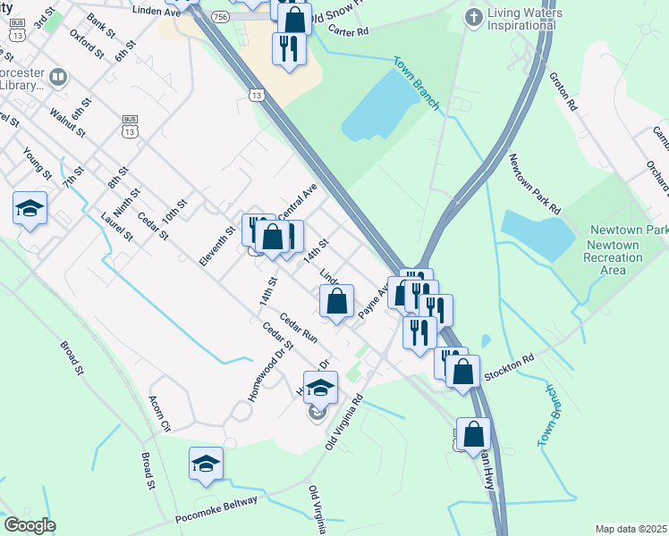 map of restaurants, bars, coffee shops, grocery stores, and more near 1403 Linden Drive in Pocomoke City