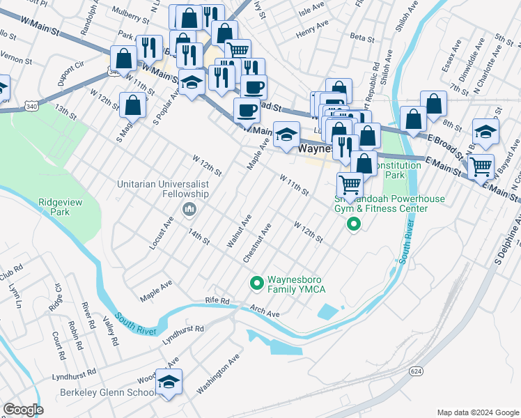 map of restaurants, bars, coffee shops, grocery stores, and more near 410 Walnut Avenue in Waynesboro