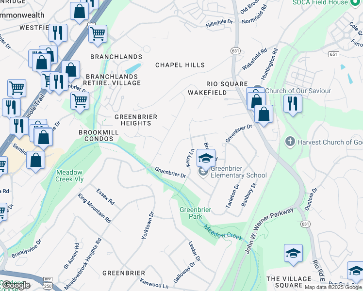 map of restaurants, bars, coffee shops, grocery stores, and more near 2412 Kerry Ln in Charlottesville