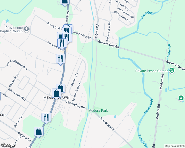 map of restaurants, bars, coffee shops, grocery stores, and more near 13017 East Orell Road in Louisville
