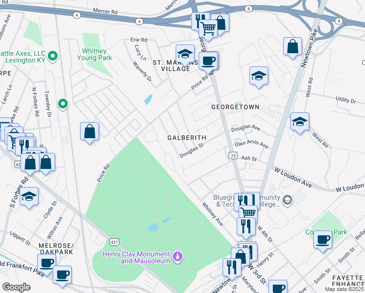 map of restaurants, bars, coffee shops, grocery stores, and more near 739 Breathitt Avenue in Lexington