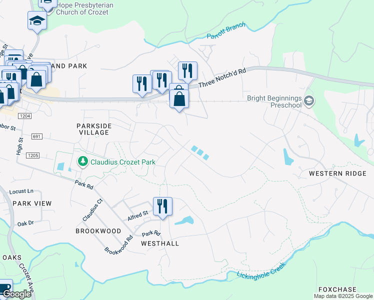 map of restaurants, bars, coffee shops, grocery stores, and more near Park Ridge Drive in Yancey Mills