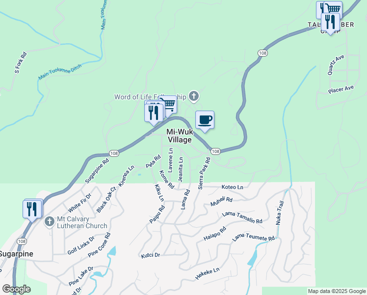 map of restaurants, bars, coffee shops, grocery stores, and more near 24460 Jeanita Lane in Mi-Wuk Village