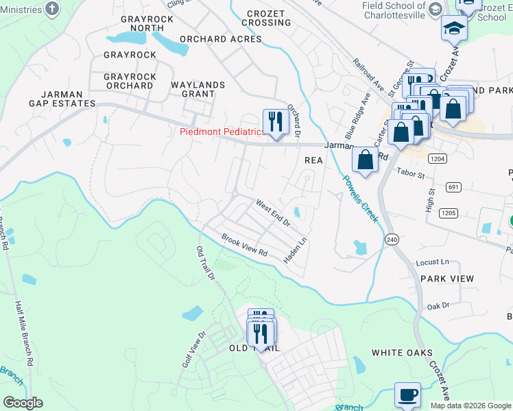 map of restaurants, bars, coffee shops, grocery stores, and more near 8112 West End Drive in Crozet