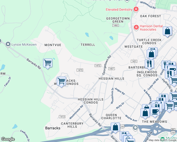 map of restaurants, bars, coffee shops, grocery stores, and more near 107 Whetstone Place in Charlottesville