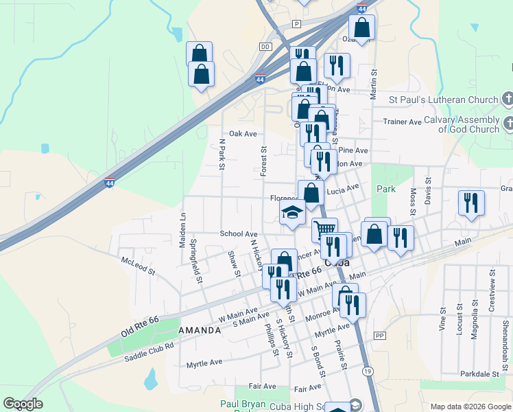 map of restaurants, bars, coffee shops, grocery stores, and more near 411 Cox Drive in Cuba