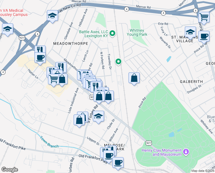 map of restaurants, bars, coffee shops, grocery stores, and more near 1439 North Forbes Road in Lexington