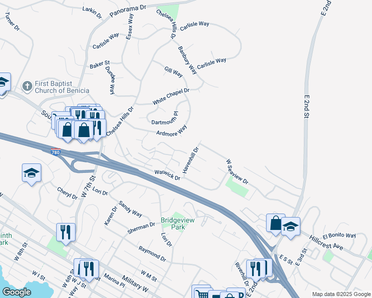 map of restaurants, bars, coffee shops, grocery stores, and more near 2257 Clearview Circle in Benicia