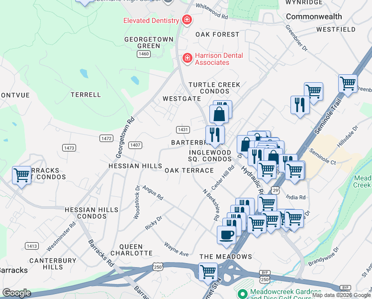 map of restaurants, bars, coffee shops, grocery stores, and more near 2416 North Berkshire Road in Charlottesville