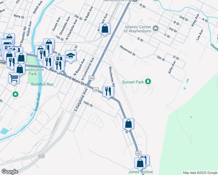 map of restaurants, bars, coffee shops, grocery stores, and more near 1021 E Main St in Waynesboro