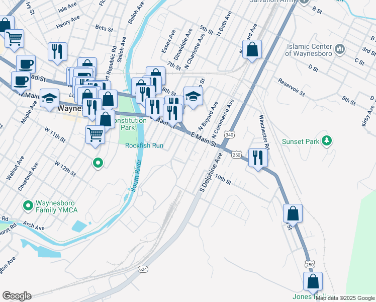 map of restaurants, bars, coffee shops, grocery stores, and more near 158 South Bayard Avenue in Waynesboro