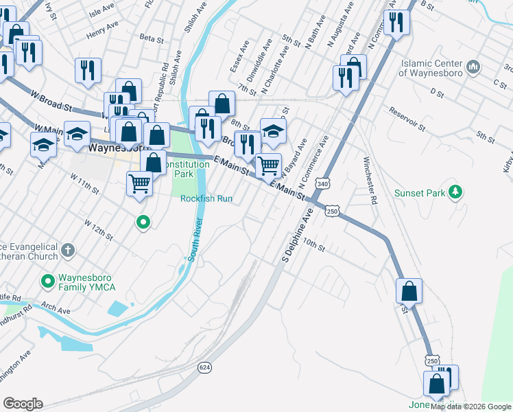 map of restaurants, bars, coffee shops, grocery stores, and more near 158 South Bayard Avenue in Waynesboro