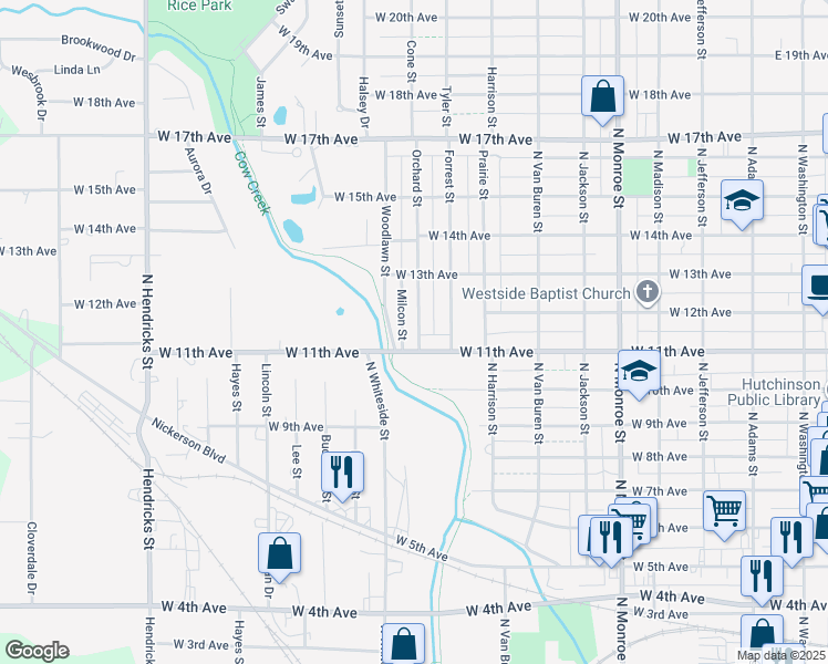 map of restaurants, bars, coffee shops, grocery stores, and more near 1107 Orchard Street in Hutchinson