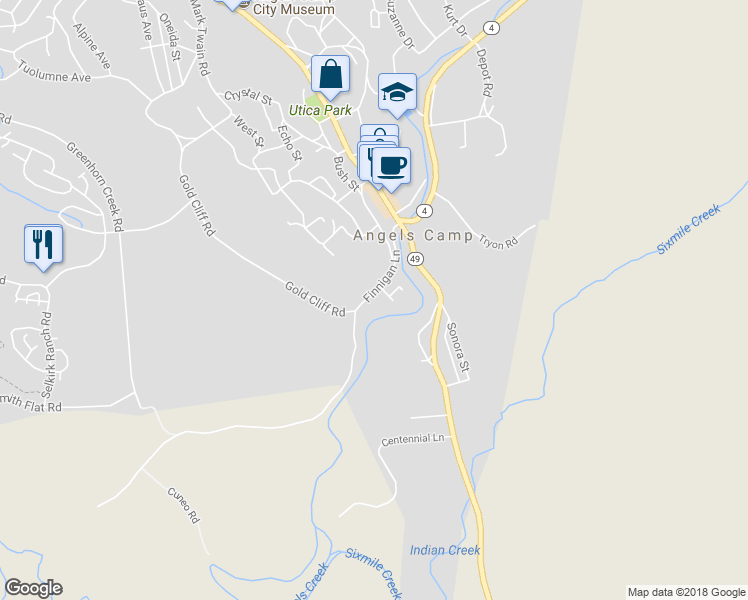 map of restaurants, bars, coffee shops, grocery stores, and more near 1475 Finnigan Lane in Angels Camp