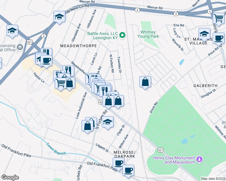 map of restaurants, bars, coffee shops, grocery stores, and more near 1422 North Forbes Road in Lexington