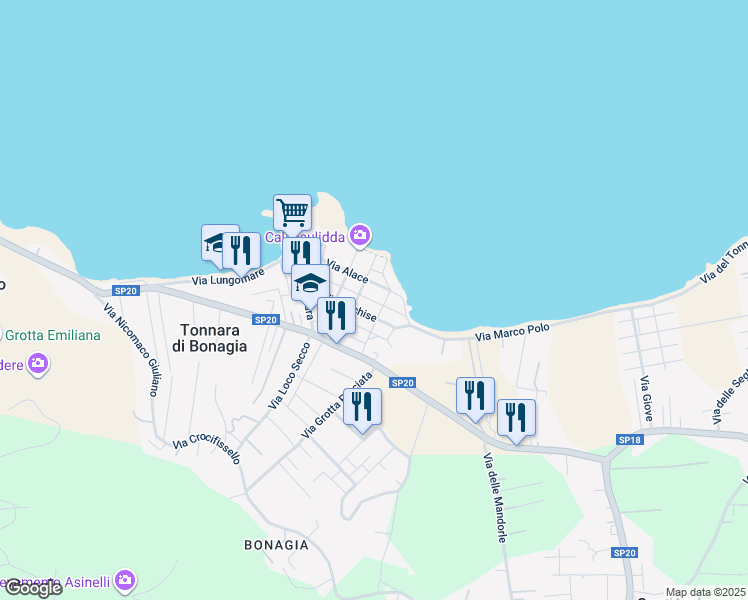 map of restaurants, bars, coffee shops, grocery stores, and more near 29 Via Achille in Tonnara di Bonagia
