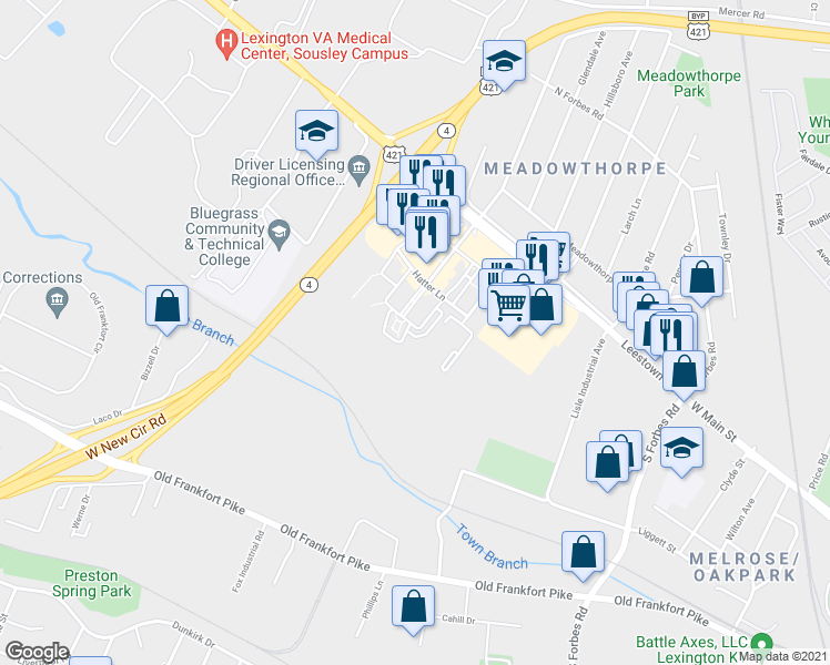 map of restaurants, bars, coffee shops, grocery stores, and more near 219 Towne Square Park in Lexington
