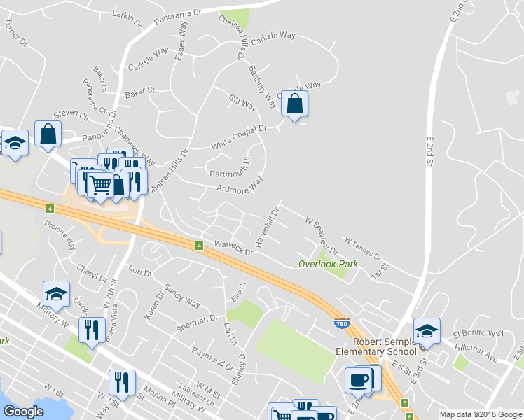map of restaurants, bars, coffee shops, grocery stores, and more near 2251 Clearview Circle in Benicia
