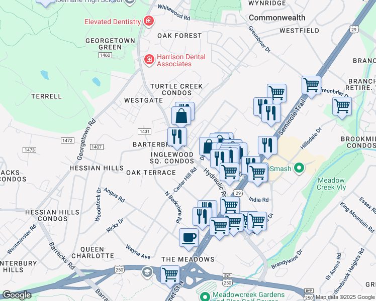map of restaurants, bars, coffee shops, grocery stores, and more near 2116 Kober Way in Charlottesville