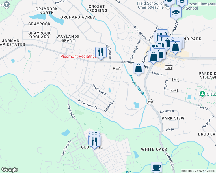map of restaurants, bars, coffee shops, grocery stores, and more near 546 Summerford Lane in Crozet