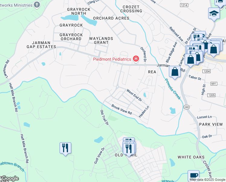 map of restaurants, bars, coffee shops, grocery stores, and more near 1618 Old Trail Drive in Crozet