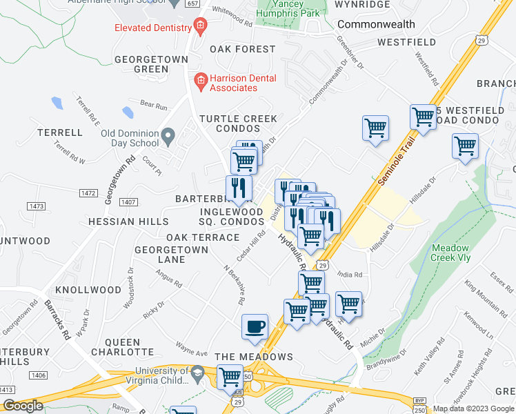 map of restaurants, bars, coffee shops, grocery stores, and more near 2015 Inglewood Drive in Charlottesville