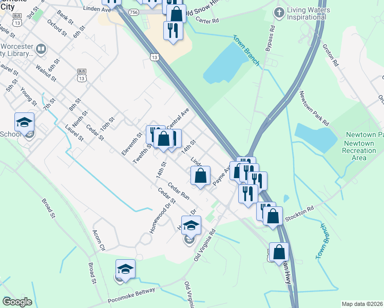 map of restaurants, bars, coffee shops, grocery stores, and more near 1403 Linden Drive in Pocomoke City