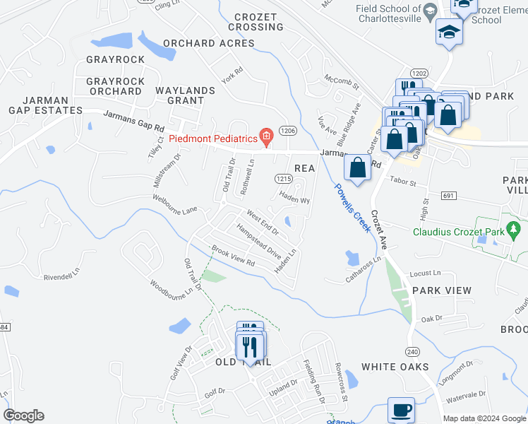 map of restaurants, bars, coffee shops, grocery stores, and more near 1070 Killdeer Lane in Crozet