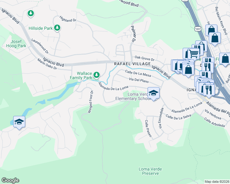 map of restaurants, bars, coffee shops, grocery stores, and more near 481 Alameda De La Loma in Novato