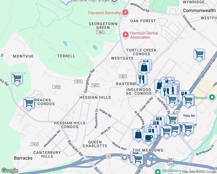 map of restaurants, bars, coffee shops, grocery stores, and more near 1708 Solomon Road in Charlottesville